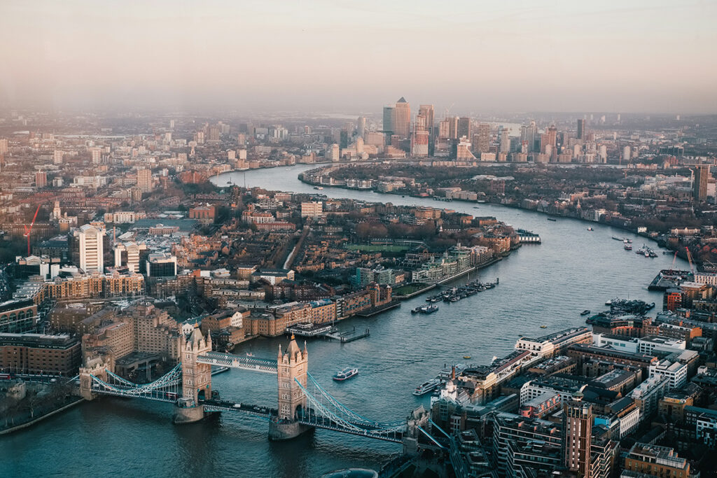 Birds-eye view of London with Tower Bridge and River Thames, showing the necessity for community resilience